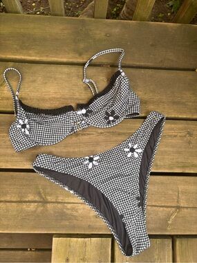Heavy Manners Black & White Gingham Floral Bikini Set
